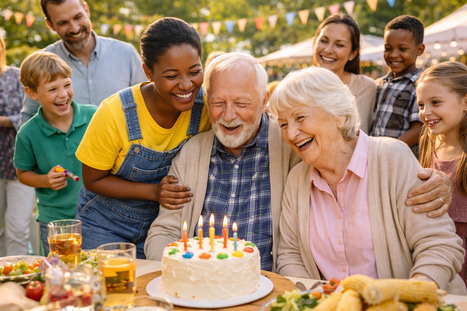 Multi-generational family celebrating birthday with elderly couple and caregiver