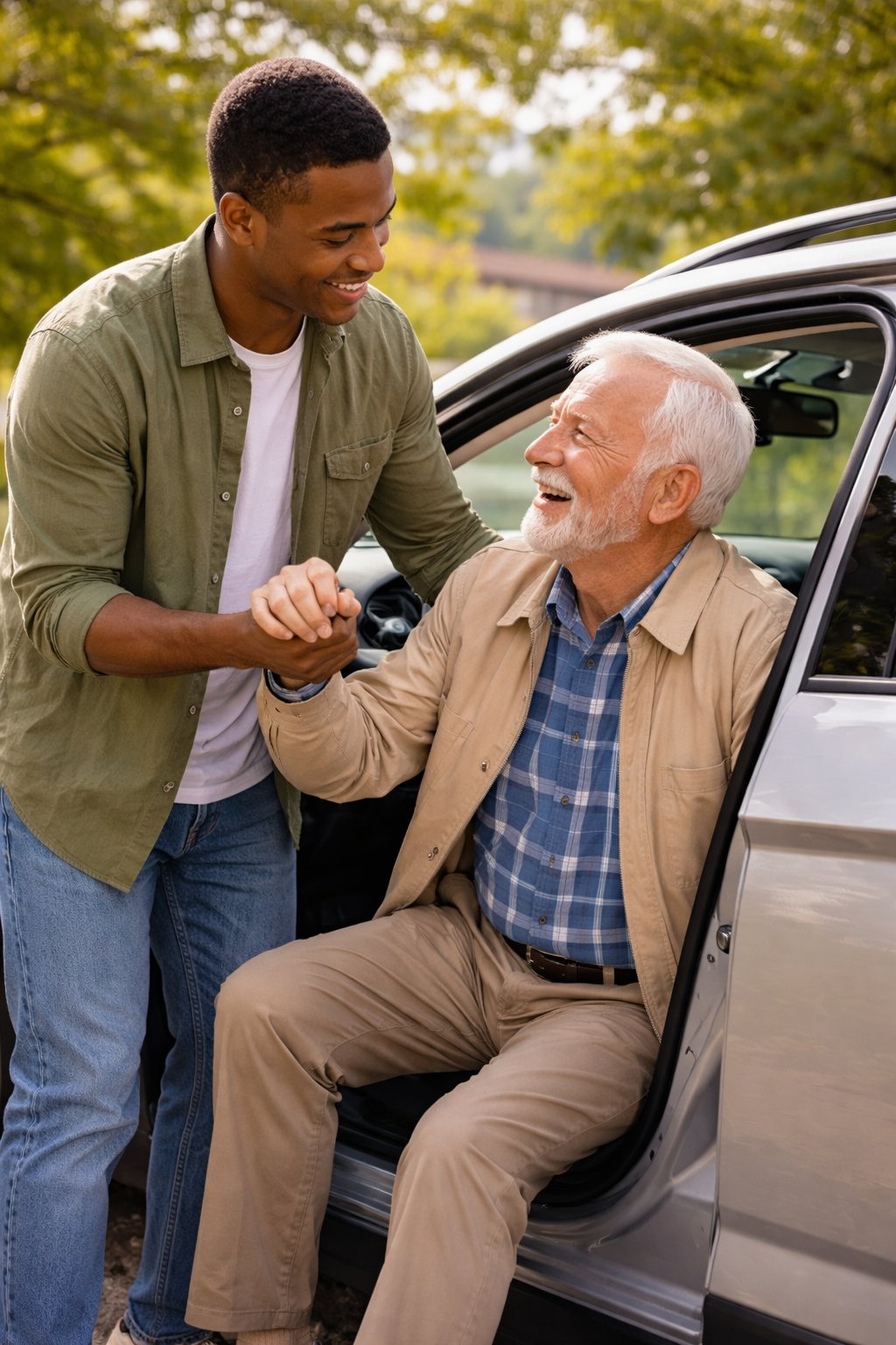 Caregiver helping senior with transportation assistance